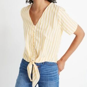 Madewell Summer Poplin Tie Front Button Top Yellow Coastal Striped Medium Boho